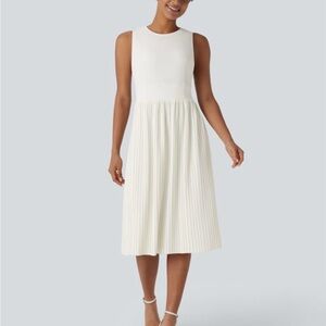 HALARA Ivory Sleeveless Pleated Midi Dress